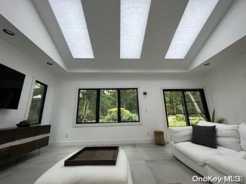 living room featuring plenty of natural light and high vaulted ceiling