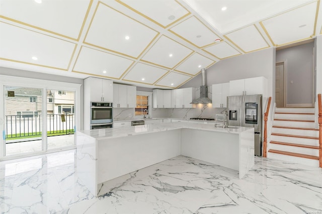 22 Solar Ln, Searingtown, NY 11507 - kitchen featuring stainless steel appliances, exhaust hood, a spacious island, a sink, and light marble finish flooring