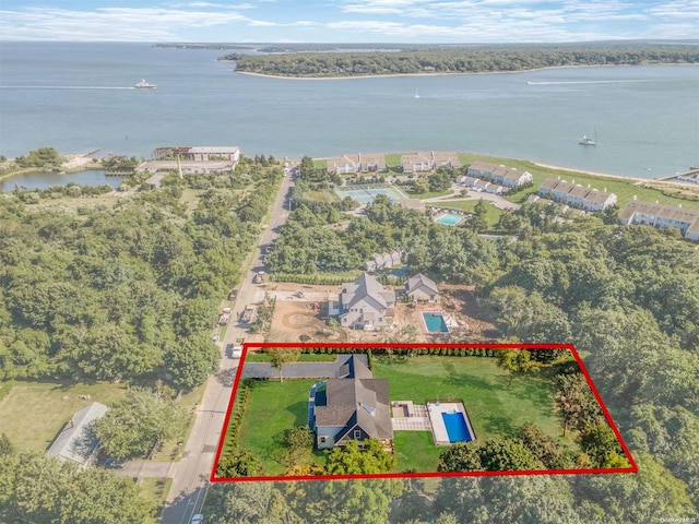 2060 Shipyard Ln, East Marion, NY 11939 - aerial overview of property's location with a nearby body of water and property parcel outlined