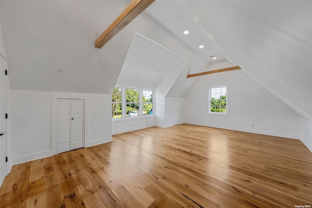 additional living space featuring light hardwood / wood-style flooring, a wealth of natural light, and lofted ceiling