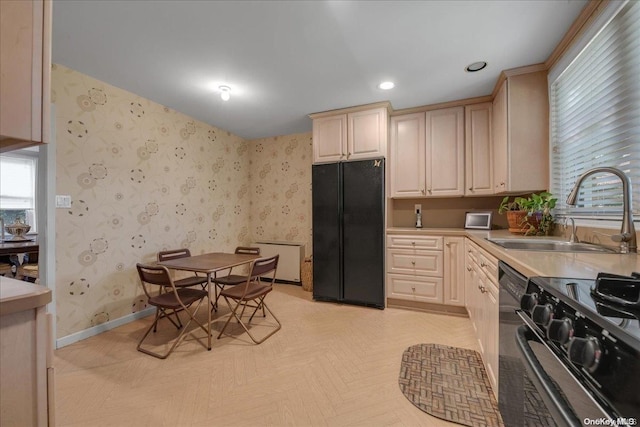 kitchen featuring light parquet flooring, stainless steel appliances, and sink