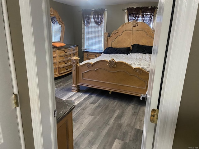 bedroom with dark hardwood / wood-style floors