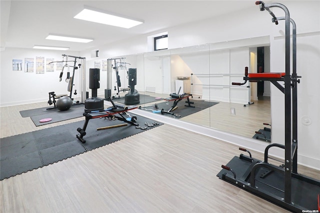 workout room featuring hardwood / wood-style floors