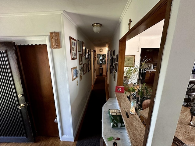 corridor featuring crown molding and hardwood / wood-style floors