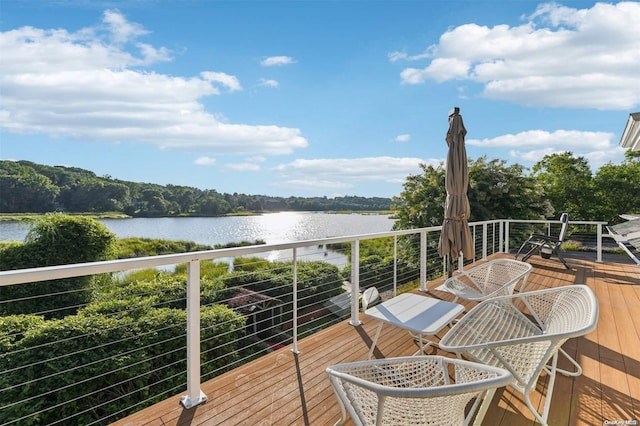 wooden deck with a water view