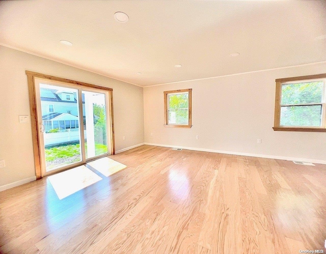 spare room featuring light hardwood / wood-style floors and ornamental molding