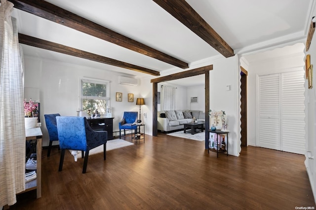 interior space with a wall mounted AC, beamed ceiling, and dark hardwood / wood-style floors