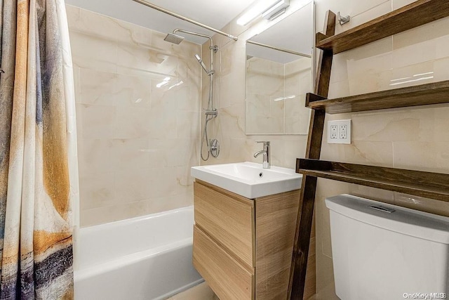 full bathroom featuring decorative backsplash, toilet, shower / bath combo with shower curtain, and vanity