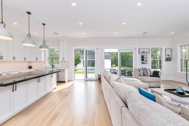 living room with sink, ornamental molding, and light wood-type flooring