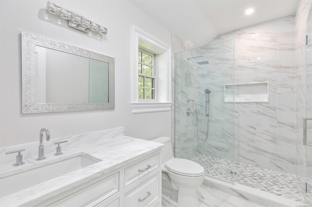 66 Peters Ln, Westhampton Beach, NY 11978 - bathroom featuring a marble finish shower, vaulted ceiling, vanity, marble finish floors, and recessed lighting