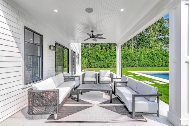 66 Peters Ln, Westhampton Beach, NY 11978 - view of patio / terrace with an outdoor hangout area, ceiling fan, and an outdoor pool