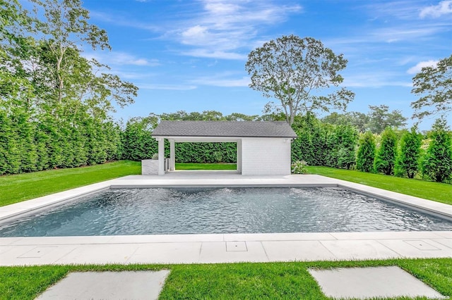 view of swimming pool featuring a gazebo, a lawn, an outdoor structure, and a patio