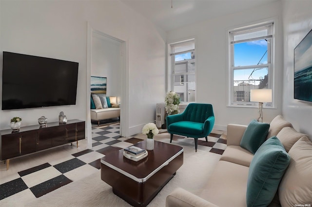 living room with radiator