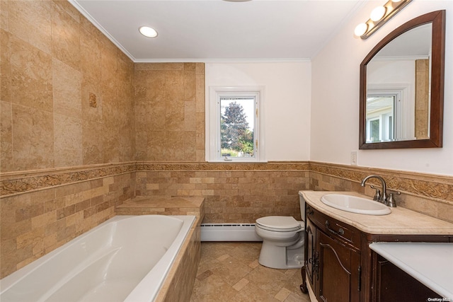 bathroom featuring a bathing tub, baseboard heating, crown molding, vanity, and tile walls