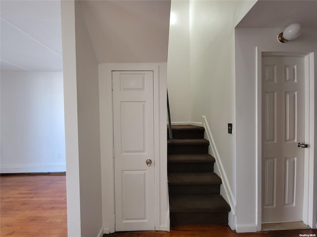 stairway with hardwood / wood-style flooring