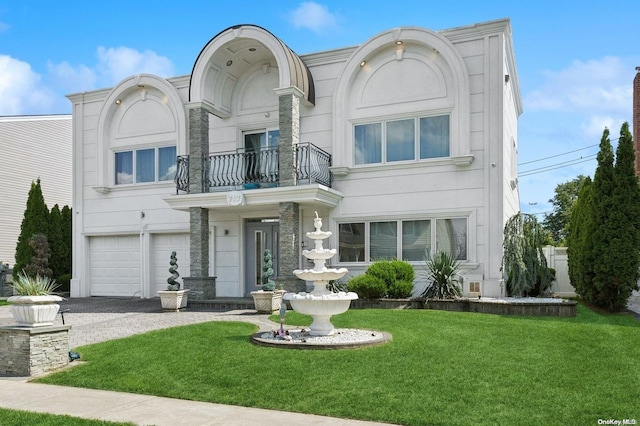 view of front of home with a garage, a balcony, and a front lawn