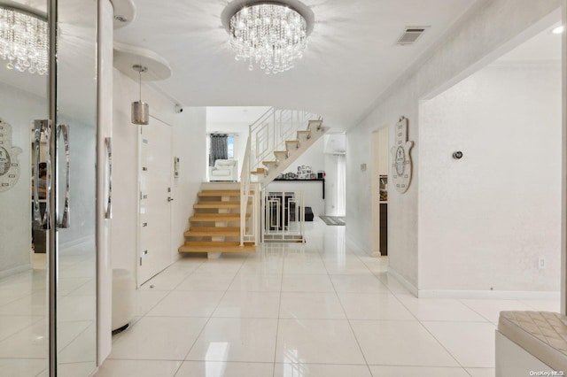 corridor featuring light tile patterned flooring and a chandelier