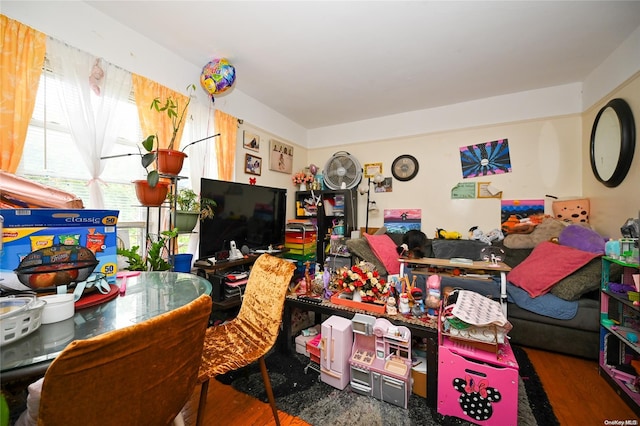 living room with dark hardwood / wood-style floors