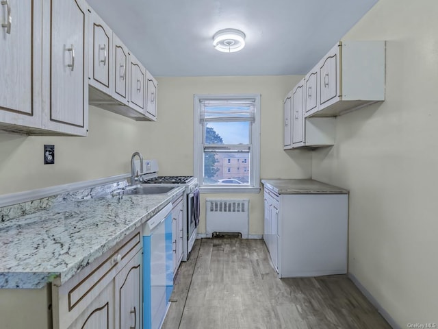 kitchen featuring dishwasher, radiator, light countertops, light wood-type flooring, and a sink