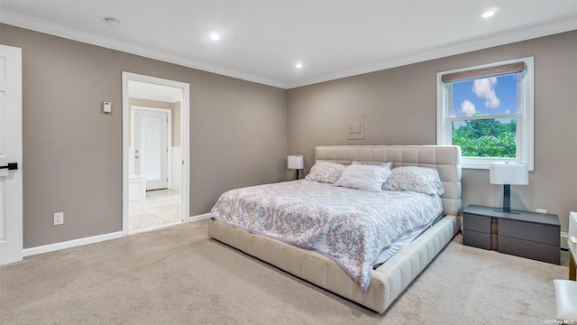 carpeted bedroom featuring crown molding