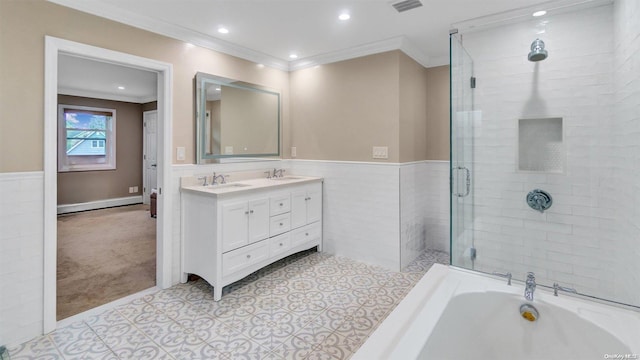 bathroom with vanity, tile patterned flooring, ornamental molding, and separate shower and tub