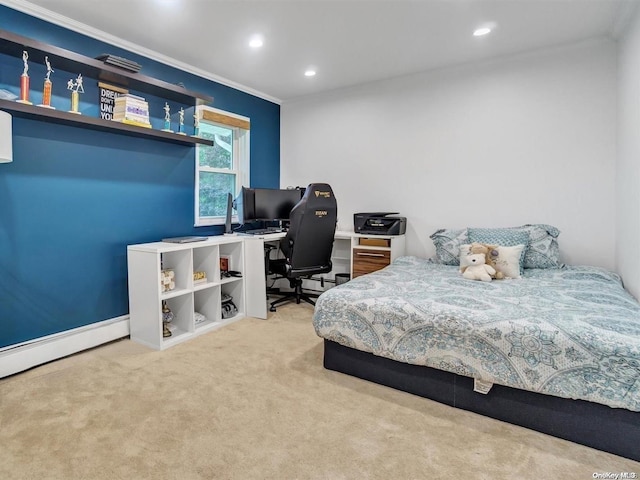 bedroom featuring crown molding and carpet