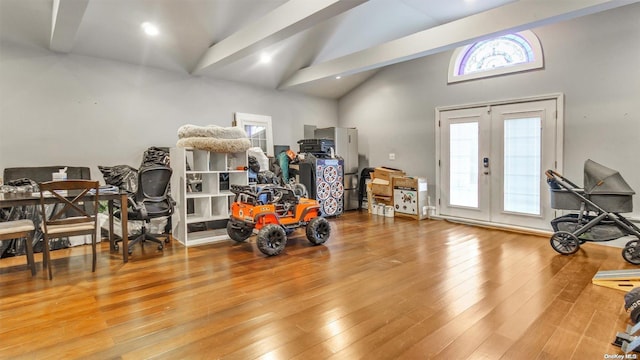 misc room with wood-type flooring, high vaulted ceiling, french doors, and beamed ceiling