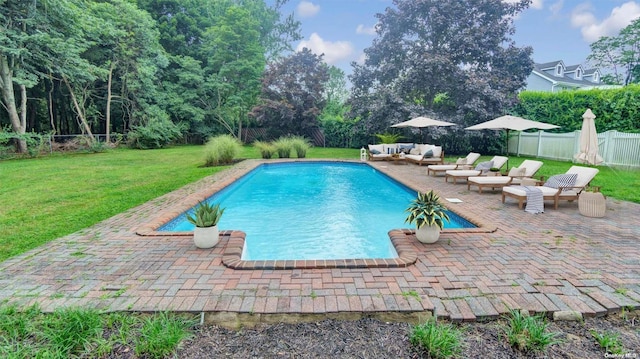 view of swimming pool featuring a patio, outdoor lounge area, and a lawn