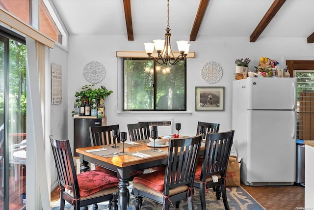 dining space with beam ceiling, plenty of natural light, and a notable chandelier