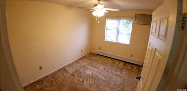 carpeted empty room with a baseboard radiator and ceiling fan