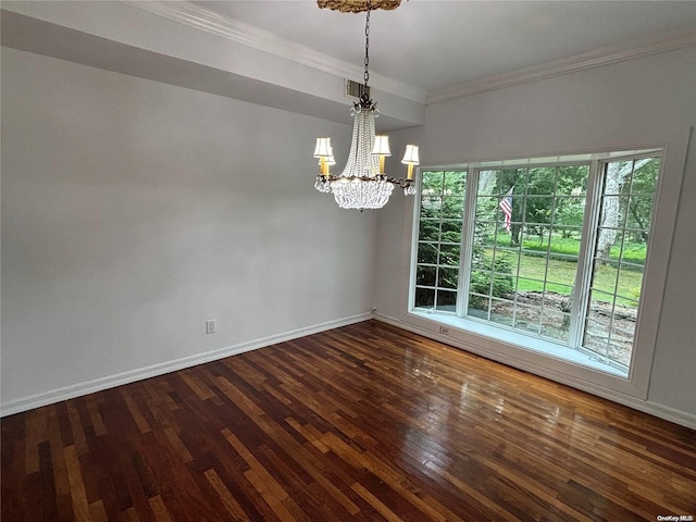 unfurnished dining area with a wealth of natural light, crown molding, a chandelier, and dark hardwood / wood-style floors