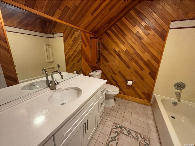 bathroom featuring tile patterned floors, wooden walls, vaulted ceiling, and toilet