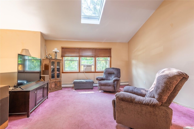 living area featuring carpet, a baseboard radiator, and vaulted ceiling with skylight