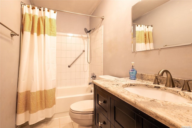 full bathroom with tile patterned floors, vanity, shower / tub combo, and toilet