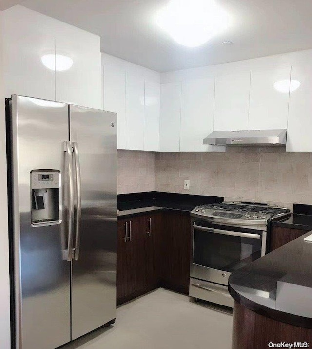 kitchen with white cabinets, decorative backsplash, dark brown cabinetry, and appliances with stainless steel finishes