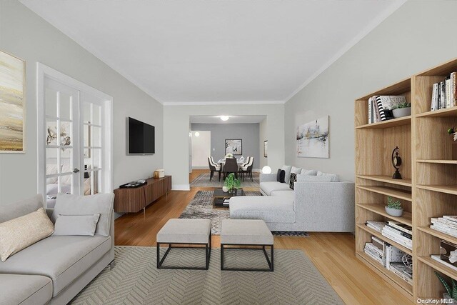 living room with crown molding and light hardwood / wood-style flooring