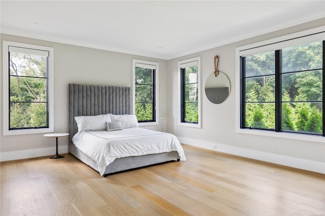 bedroom featuring ornamental molding, light hardwood / wood-style flooring, and multiple windows