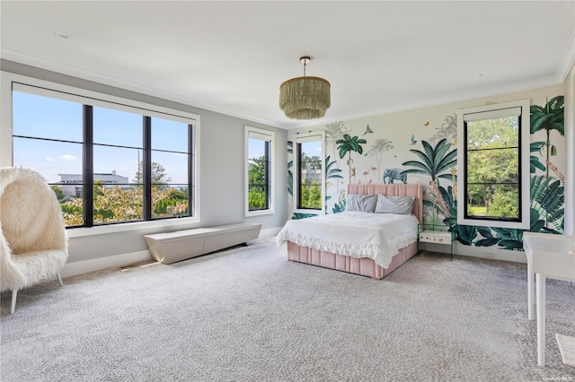 bedroom with multiple windows, carpet floors, and ornamental molding