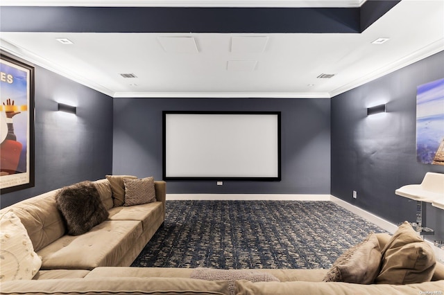 carpeted cinema featuring crown molding