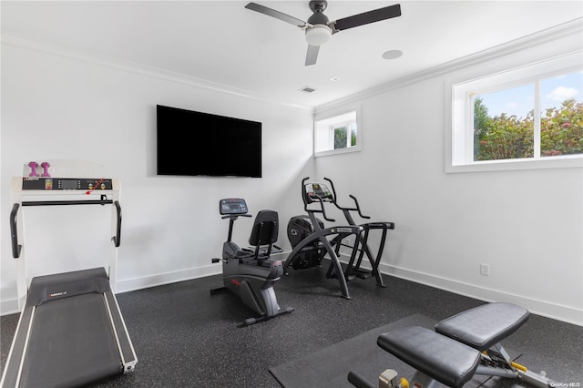 workout room featuring ceiling fan and ornamental molding