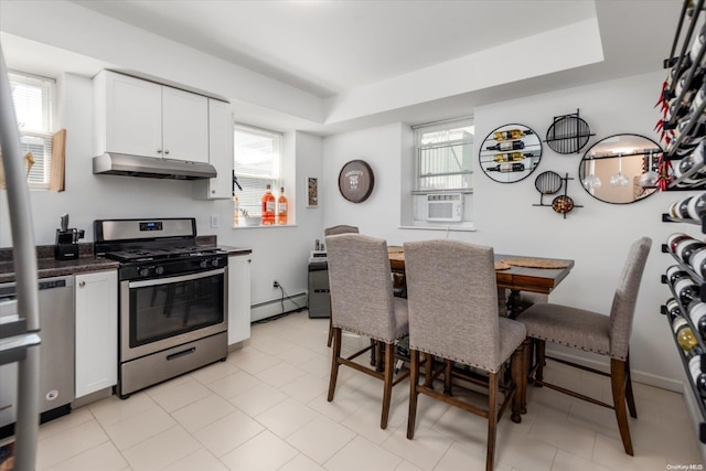 dining space featuring light tile patterned floors, a baseboard radiator, a raised ceiling, and cooling unit