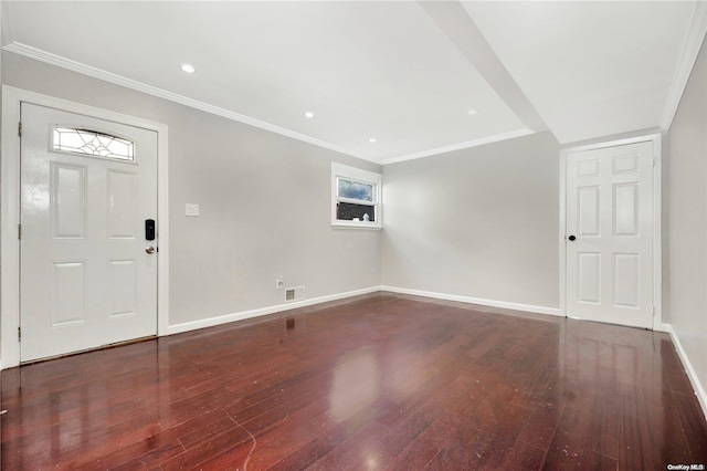 entryway featuring dark hardwood / wood-style flooring and crown molding