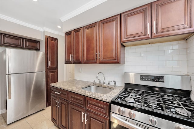 kitchen featuring crown molding, sink, light tile patterned floors, light stone countertops, and appliances with stainless steel finishes