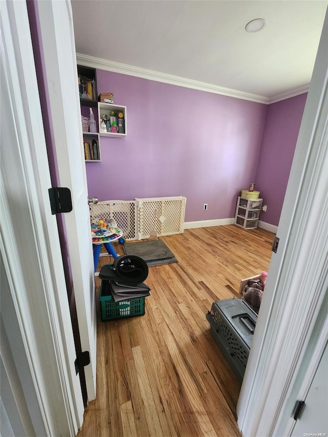 bedroom with hardwood / wood-style flooring and ornamental molding