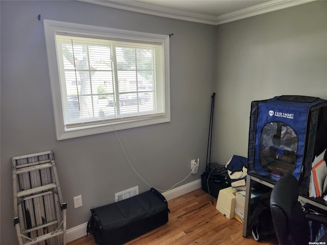 miscellaneous room featuring wood-type flooring and ornamental molding