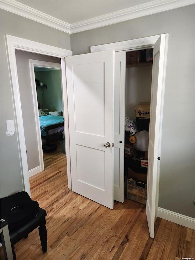 interior space featuring wood-type flooring and crown molding