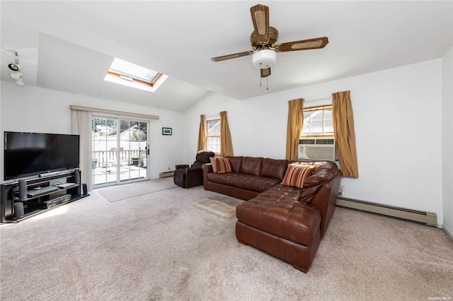 living room with light carpet, cooling unit, vaulted ceiling with skylight, ceiling fan, and baseboard heating