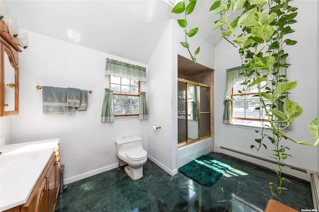 full bathroom with vanity, lofted ceiling, toilet, enclosed tub / shower combo, and a baseboard radiator