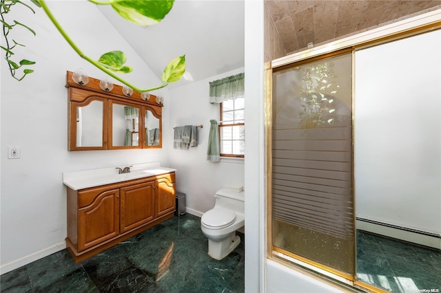 full bathroom with vanity, toilet, enclosed tub / shower combo, and a baseboard heating unit