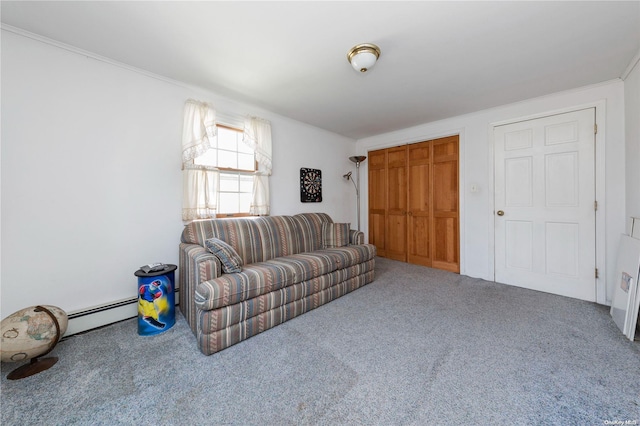 carpeted living room featuring crown molding and a baseboard radiator